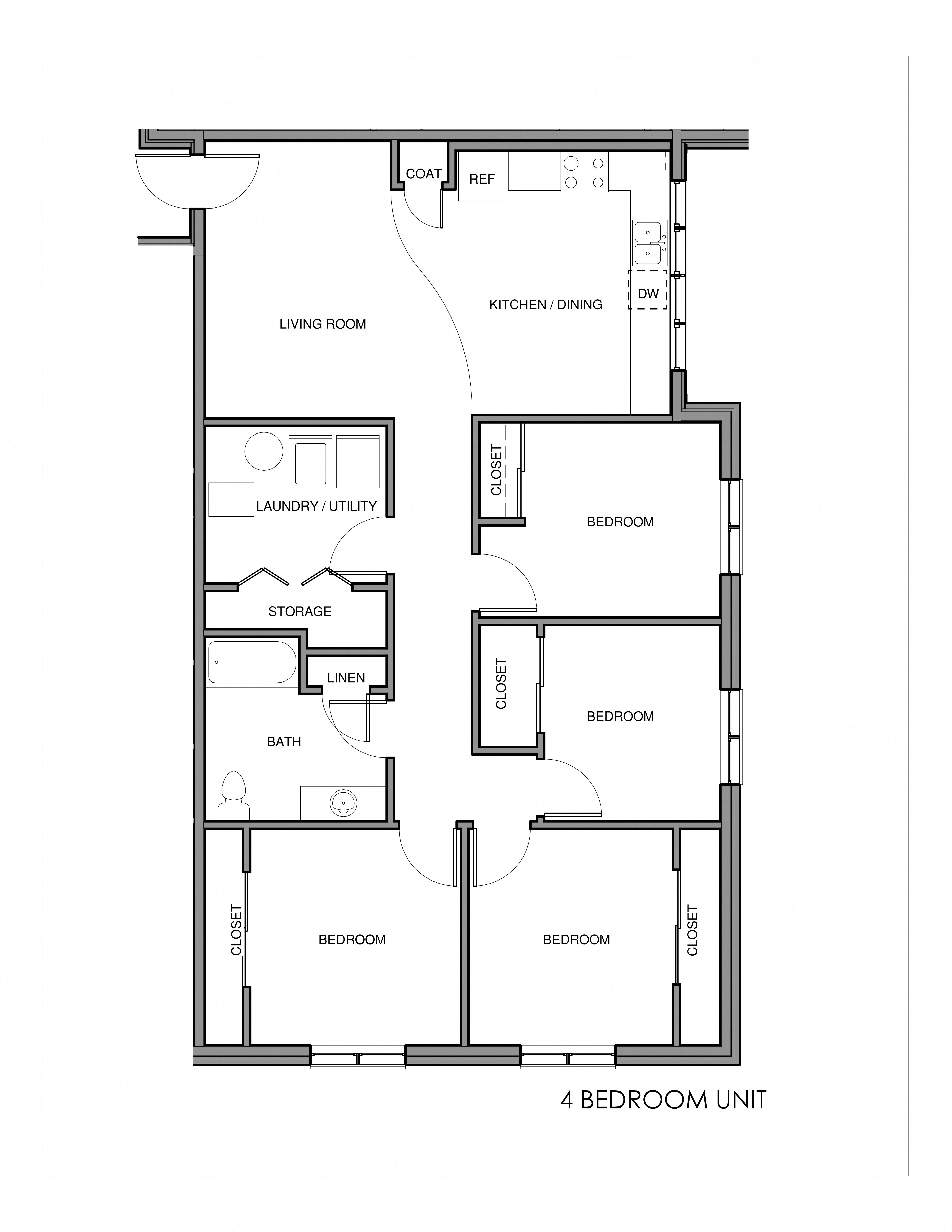 Floor plan for 4 beds, 1 bath, 1225 sqft